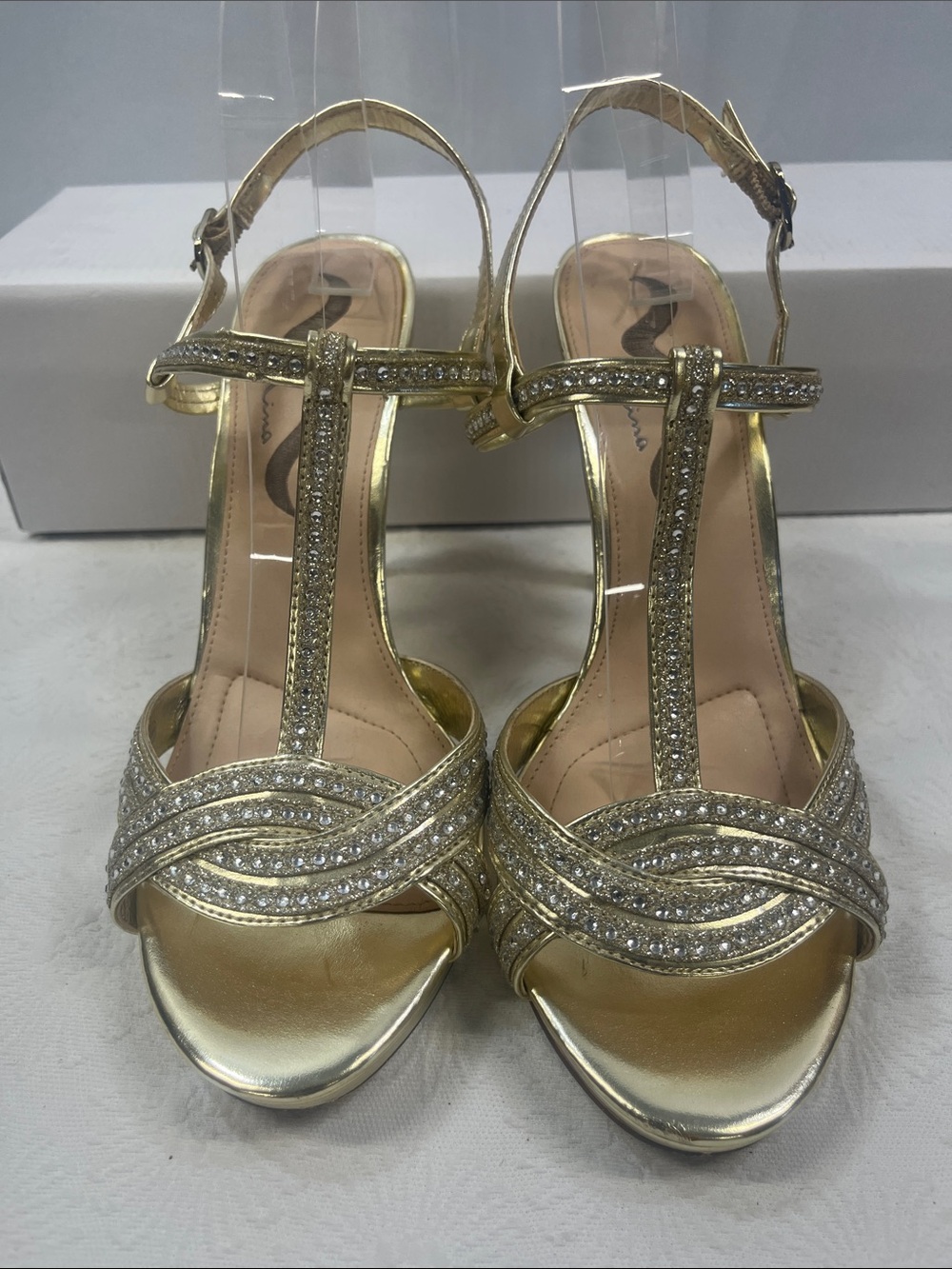 Gold T-Strap Crystal Evening Sandals - Women